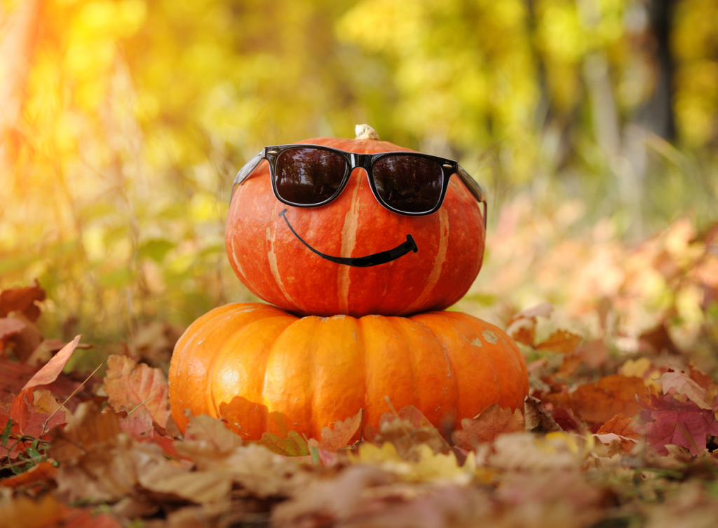 Fall vacation ideas - a fun pumpkin chilling in its sunglasses on a day off.