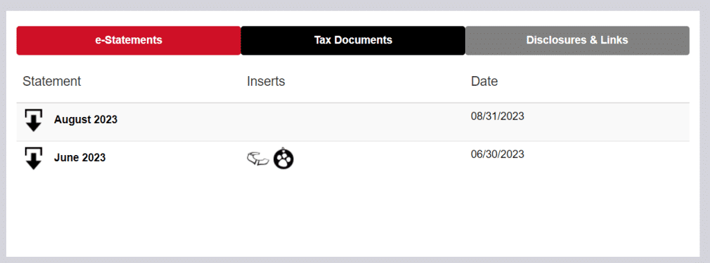 Screen capture of the e-statements page