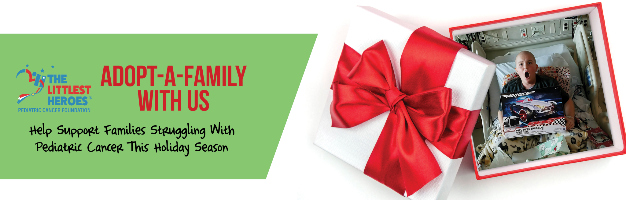 Adopt-A-Family and help those struggling with pediatric cancer this holiday season. Image of a gift box.