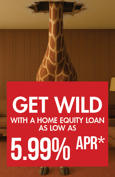 Home Equity Loans as low as 5.99% APR for a limited time. Image of a giraffe with its head bursting through the ceiling.