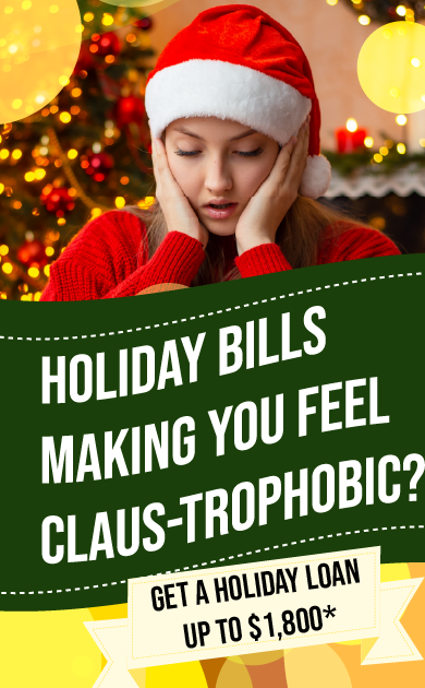 Holiday Loans available from FFCCU up to $1800. Terms and conditions apply. Image of a woman feeling claus-trophobic.