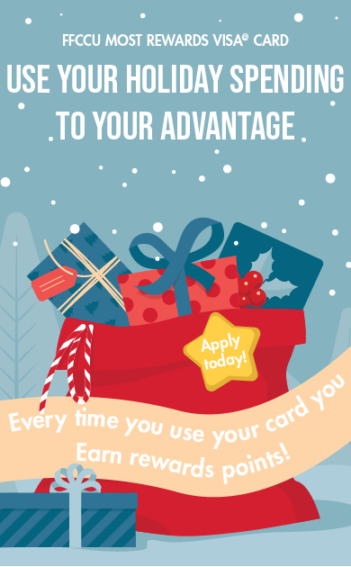 Get the most rewards on your holiday spending with a Most Rewards VISA card. Image of holiday gifts.