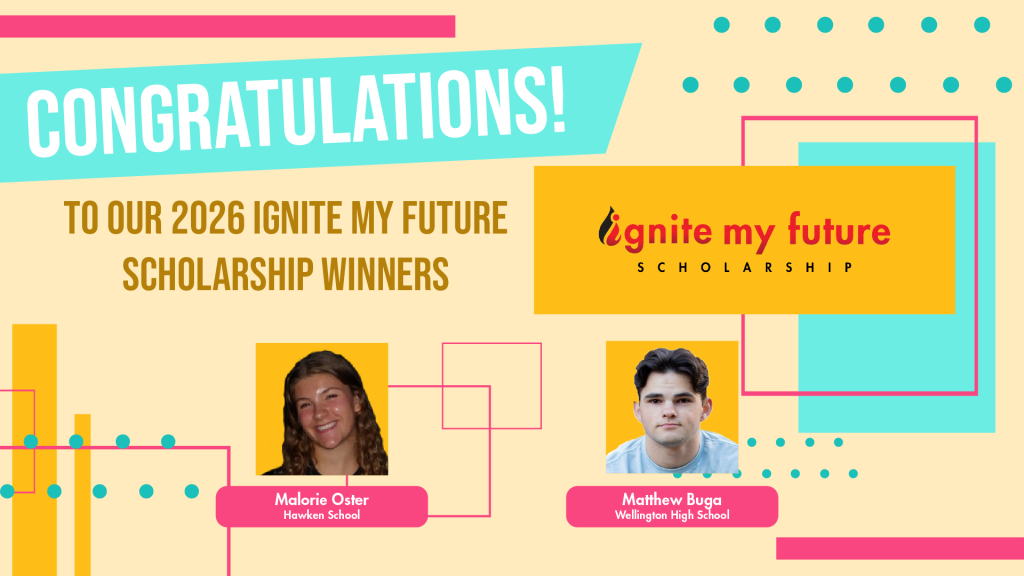 Winners of the 2026 Ignite My Future Scholarship. It is a $1000 scholarship from Firefighters Community Credit Union. The winners are Matthew Buga and Malorie Oster.