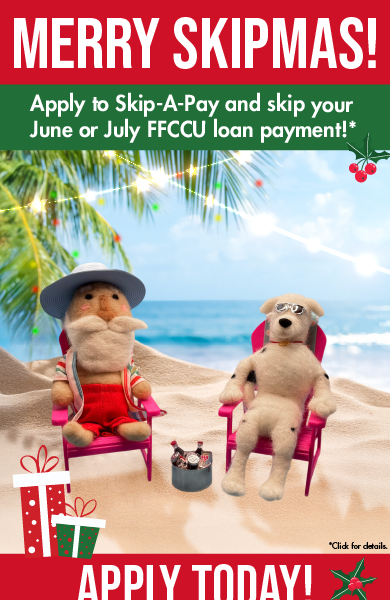 Summer_SAP_2026_Website Slider Mobile Merry Skipmas! Skip-A-Pay feels like Christmas in July (or June). Image of Sparky the dog and a beach bum Santa relaxing on a beach with holiday lights adorning palm trees.