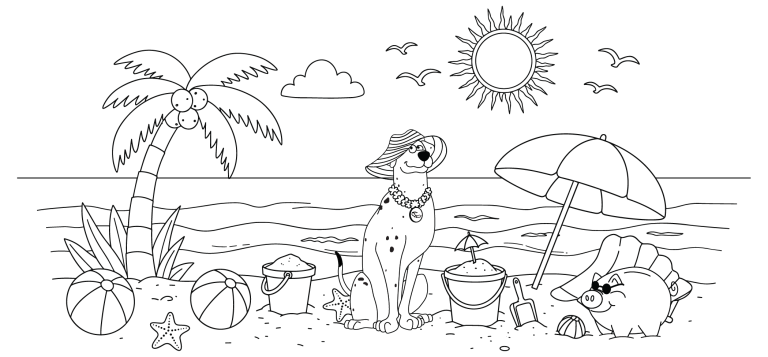 Coloring Page with Sparky and Smokey at the beach