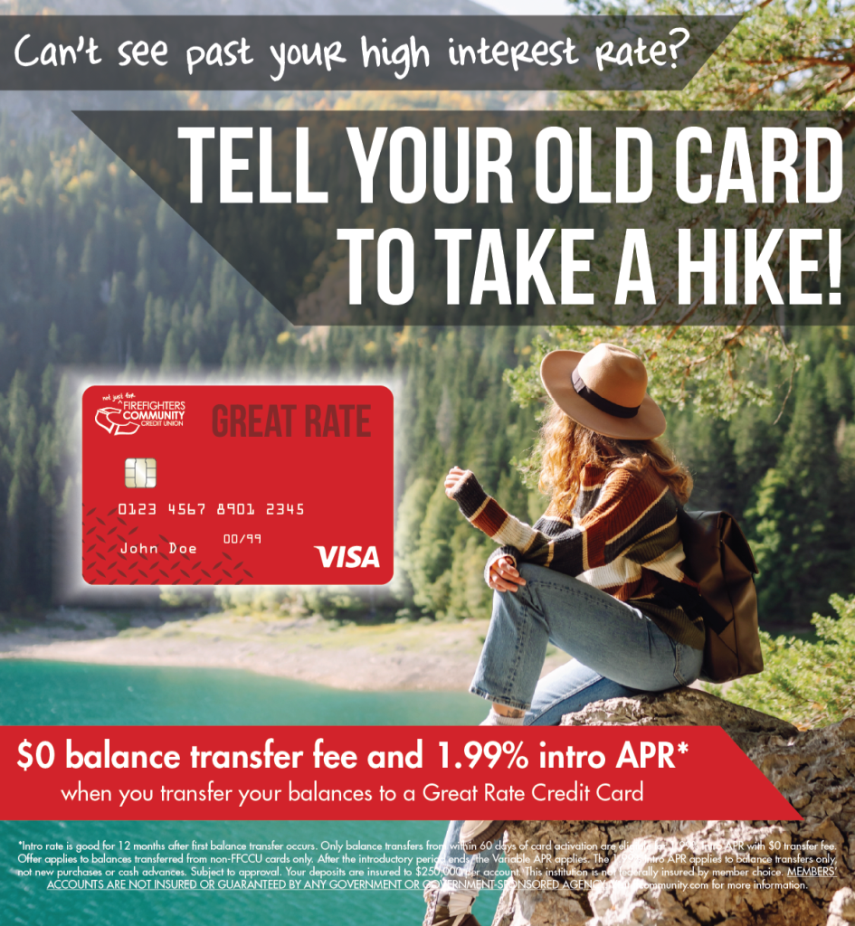 A Taylor Swift looking woman enjoying the great outdoors with her Great Rate VISA from FFCCU, knowing she had her old high rate card take a hike. She is writing a song about the credit card breakup.