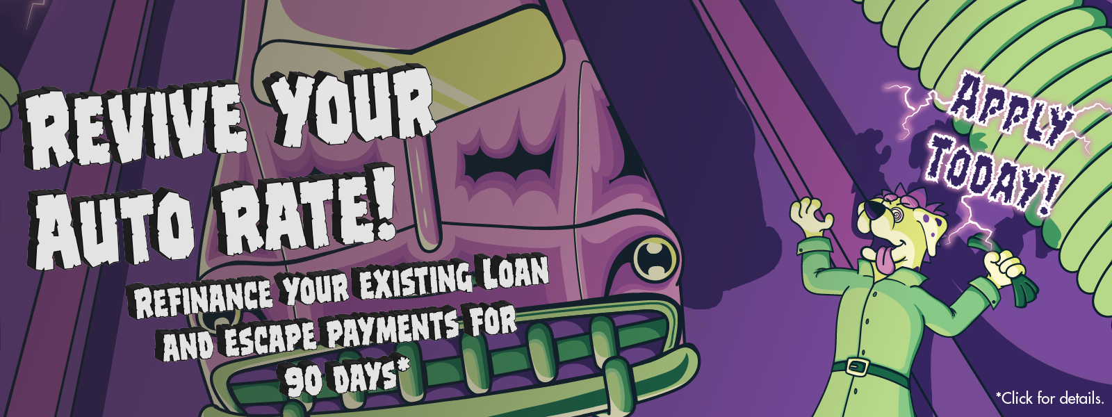 AutoRefi_Website_2026_v01_Homepage Slider Revive your auto rate. Dr. Sparky the mad scientist reviving your car loan.