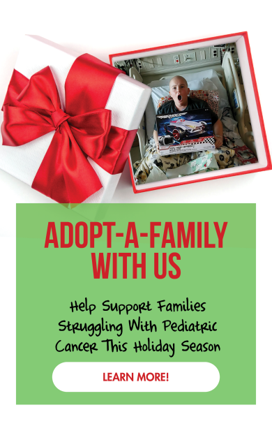 Adopt-A-Family and help those struggling with pediatric cancer this holiday season. Image of a gift box.