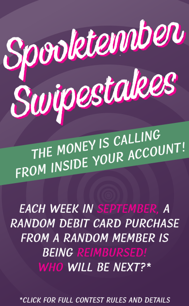 Spooktember Sweepstakes. Purple, mysterious swirl behind teal text. Each week in September 2025, FFCCU is reimbursing a random debit card transaction from a random member.