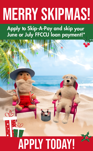 Merry Skipmas! Skip-A-Pay feels like Christmas in July (or June). Image of Sparky the dog and a beach bum Santa relaxing on a beach with holiday lights adorning palm trees.